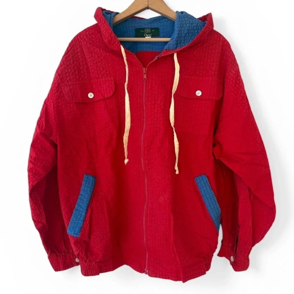 Vintage 90s Orvis Made in USA Red Textured Hooded Jacket Medium